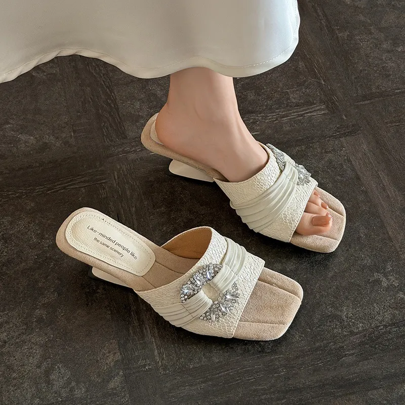 Summer slippers, square toe, unique heel, high leather, women's fashion shoes, 3-31t