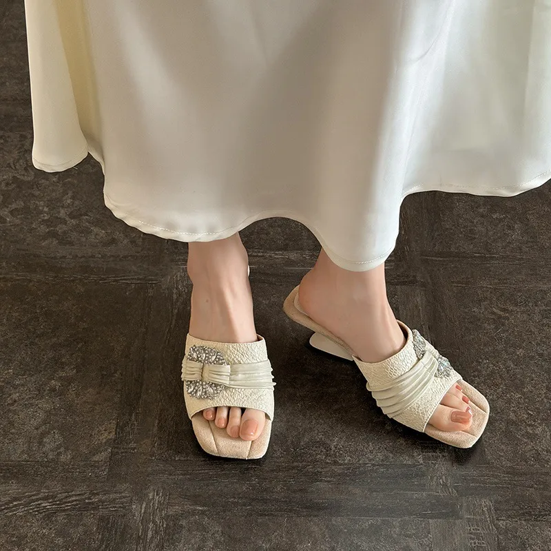 Summer slippers, square toe, unique heel, high leather, women's fashion shoes, 3-31t