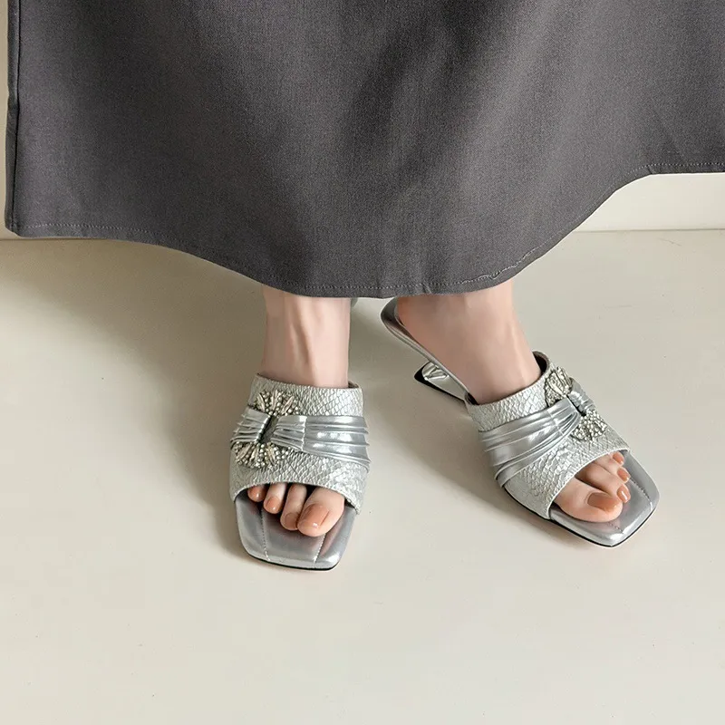 Summer slippers, square toe, unique heel, high leather, women's fashion shoes, 3-31t