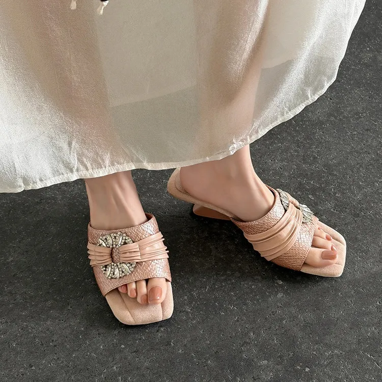 Summer slippers, square toe, unique heel, high leather, women's fashion shoes, 3-31t