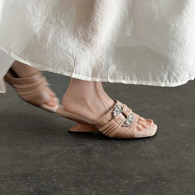 Summer slippers, square toe, unique heel, high leather, women's fashion shoes, 3-31t