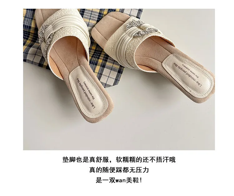 Summer slippers, square toe, unique heel, high leather, women's fashion shoes, 3-31t