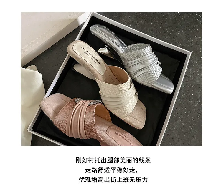 Summer slippers, square toe, unique heel, high leather, women's fashion shoes, 3-31t
