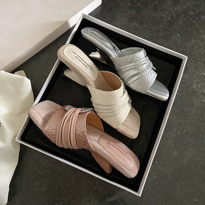 Summer slippers, square toe, unique heel, high leather, women's fashion shoes, 3-31t