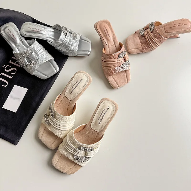 Summer slippers, square toe, unique heel, high leather, women's fashion shoes, 3-31t
