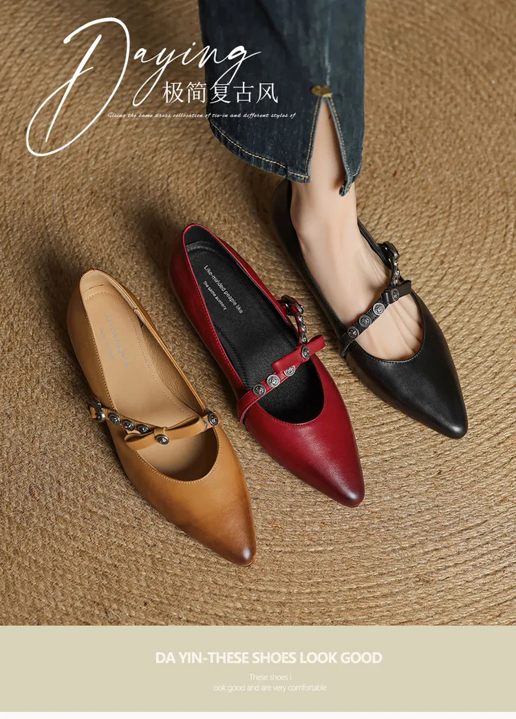 Spring single shoes, pointed toe, low heel, cowhide buckle, fashion women's shoes, size 4-2a, plus size 41.