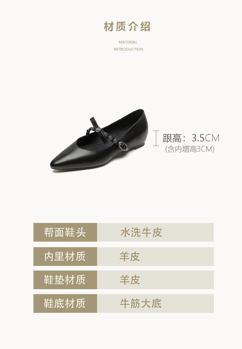 Spring single shoes, pointed toe, low heel, cowhide buckle, fashion women's shoes, size 4-2a, plus size 41.