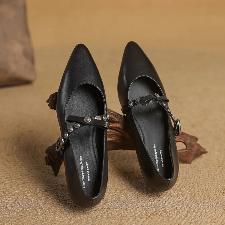 Spring single shoes, pointed toe, low heel, cowhide buckle, fashion women's shoes, size 4-2a, plus size 41.