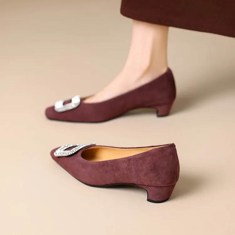 Spring single shoes, square toe, chunky heel, high heel, rhinestone fashion women's shoes, 4-6m.