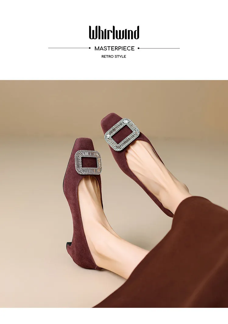 Spring single shoes, square toe, chunky heel, high heel, rhinestone fashion women's shoes, 4-6m.