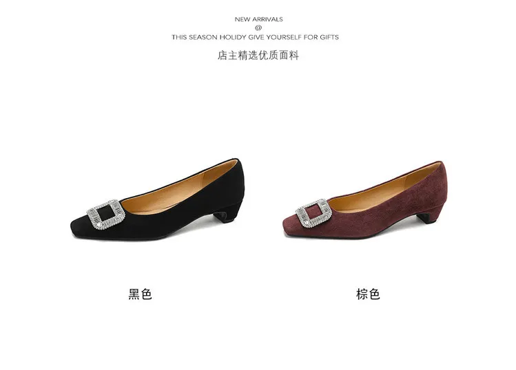 Spring single shoes, square toe, chunky heel, high heel, rhinestone fashion women's shoes, 4-6m.