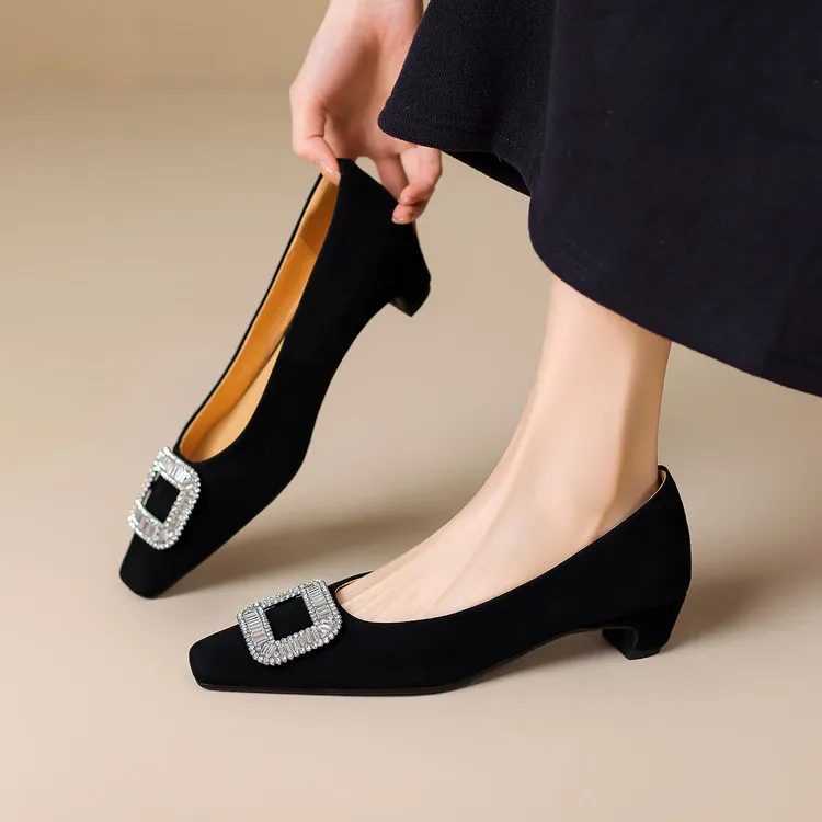 Spring single shoes, square toe, chunky heel, high heel, rhinestone fashion women's shoes, 4-6m.