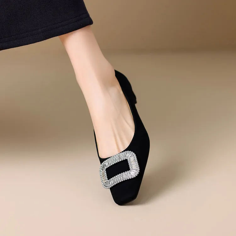 Spring single shoes, square toe, chunky heel, high heel, rhinestone fashion women's shoes, 4-6m.