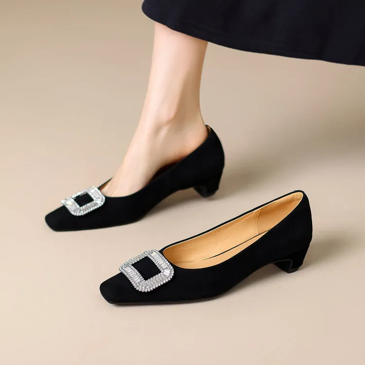 Spring single shoes, square toe, chunky heel, high heel, rhinestone fashion women's shoes, 4-6m.