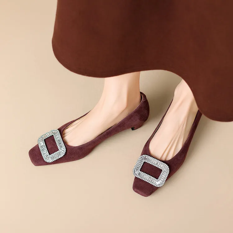 Spring single shoes, square toe, chunky heel, high heel, rhinestone fashion women's shoes, 4-6m.