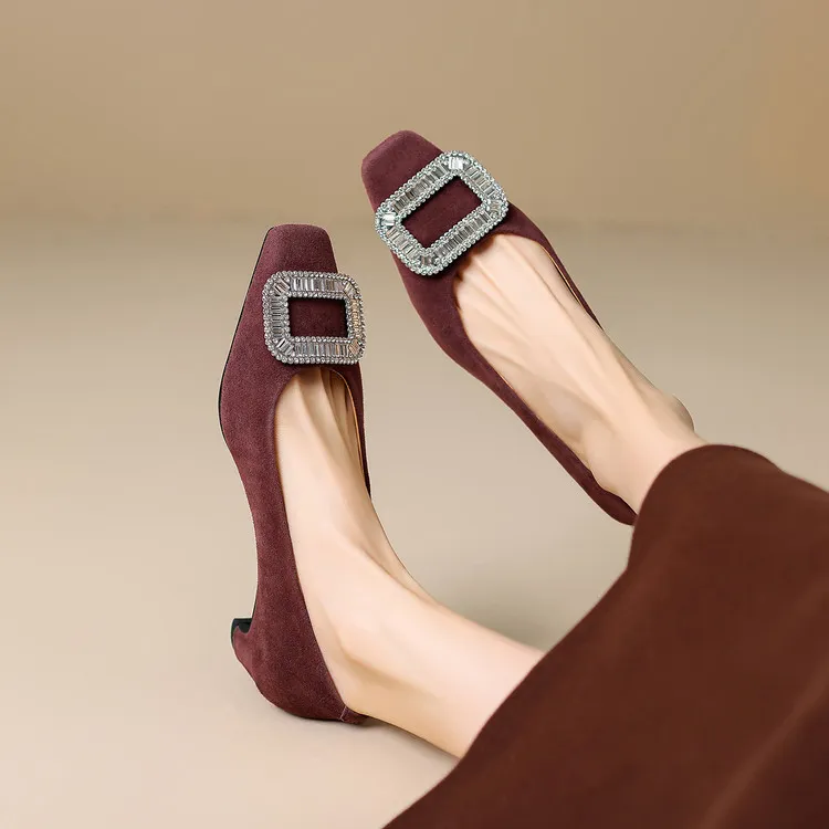 Spring single shoes, square toe, chunky heel, high heel, rhinestone fashion women's shoes, 4-6m.