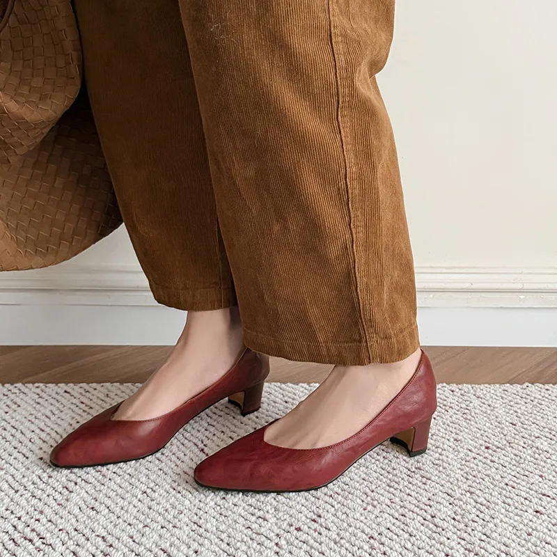 Spring single shoes, round toe, low-cut, chunky heel, high-heeled, fashionable slip-on women's shoes, size 4-6A.