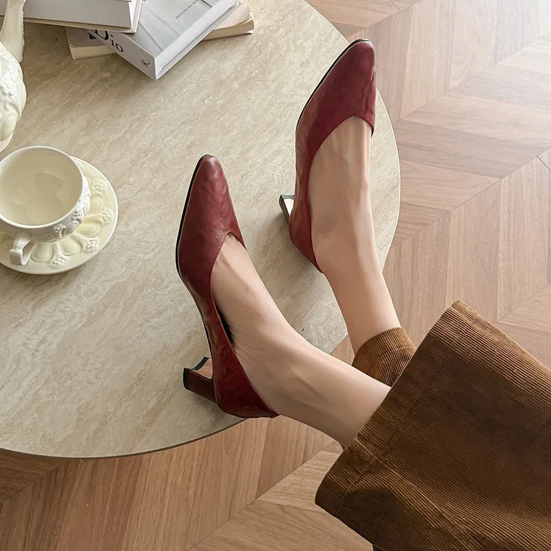 Spring single shoes, round toe, low-cut, chunky heel, high-heeled, fashionable slip-on women's shoes, size 4-6A.