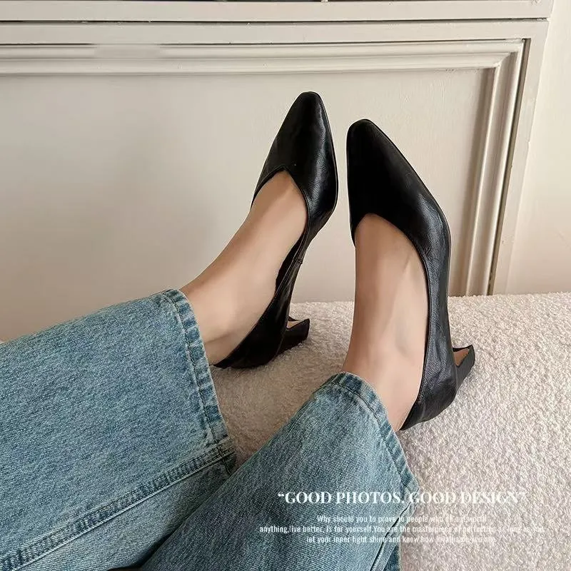 Spring single shoes, round toe, low-cut, chunky heel, high-heeled, fashionable slip-on women's shoes, size 4-6A.
