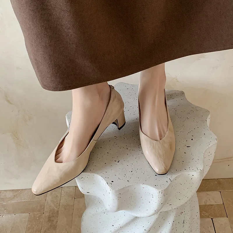 Spring single shoes, round toe, low-cut, chunky heel, high-heeled, fashionable slip-on women's shoes, size 4-6A.
