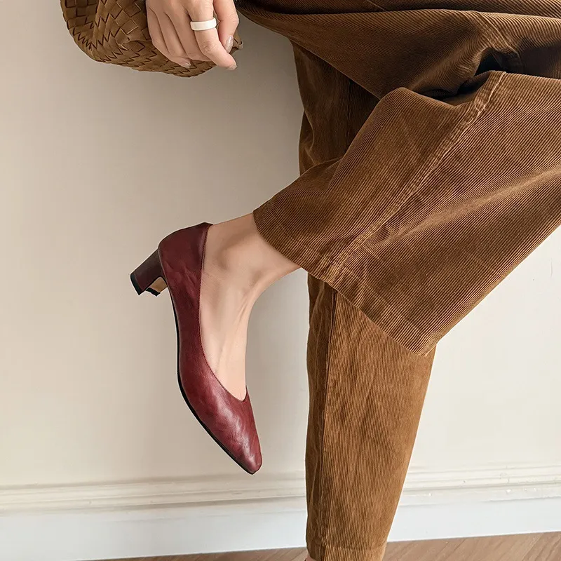 Spring single shoes, round toe, low-cut, chunky heel, high-heeled, fashionable slip-on women's shoes, size 4-6A.
