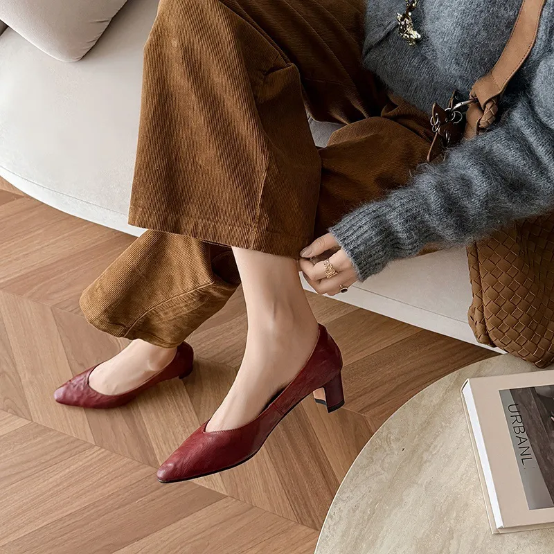 Spring single shoes, round toe, low-cut, chunky heel, high-heeled, fashionable slip-on women's shoes, size 4-6A.