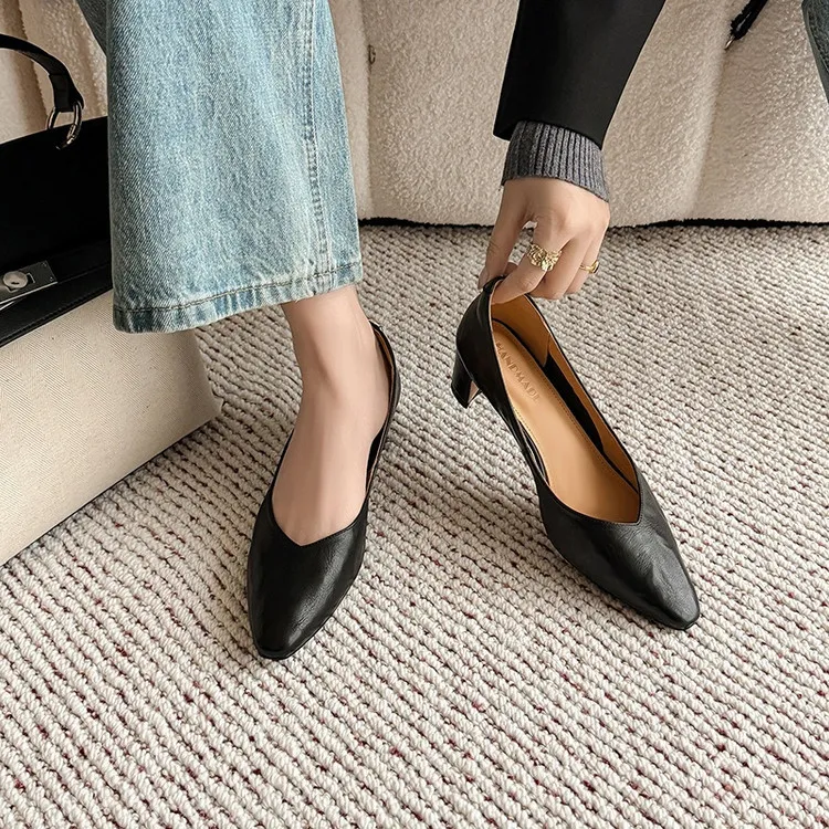 Spring single shoes, round toe, low-cut, chunky heel, high-heeled, fashionable slip-on women's shoes, size 4-6A.