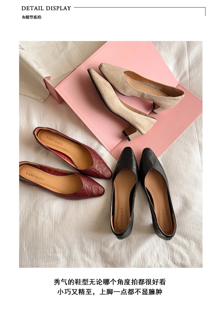 Spring single shoes, round toe, low-cut, chunky heel, high-heeled, fashionable slip-on women's shoes, size 4-6A.