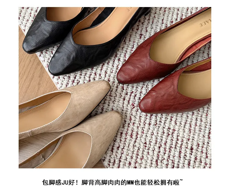 Spring single shoes, round toe, low-cut, chunky heel, high-heeled, fashionable slip-on women's shoes, size 4-6A.