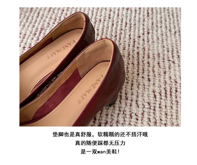 Spring single shoes, round toe, low-cut, chunky heel, high-heeled, fashionable slip-on women's shoes, size 4-6A.