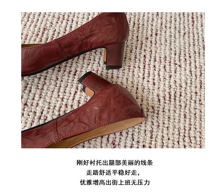 Spring single shoes, round toe, low-cut, chunky heel, high-heeled, fashionable slip-on women's shoes, size 4-6A.