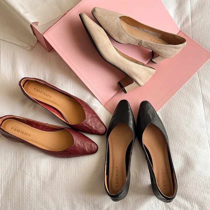 Spring single shoes, round toe, low-cut, chunky heel, high-heeled, fashionable slip-on women's shoes, size 4-6A.