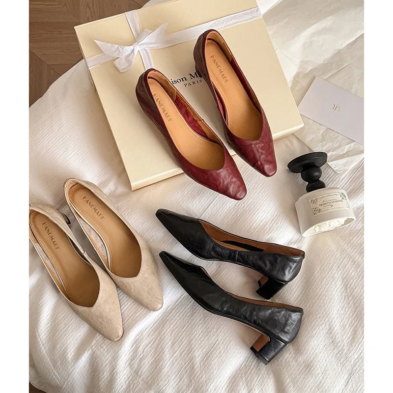 Spring single shoes, round toe, low-cut, chunky heel, high-heeled, fashionable slip-on women's shoes, size 4-6A.