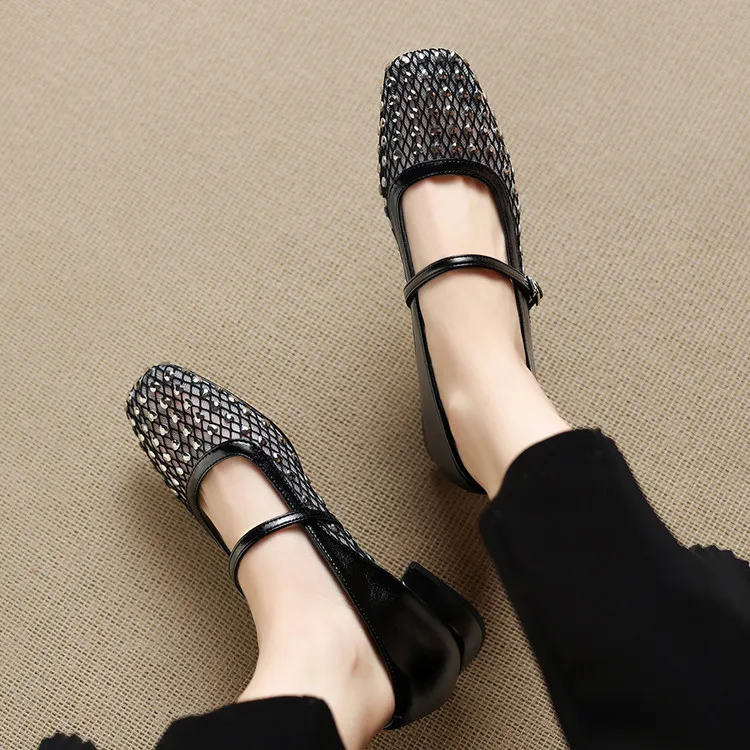 Summer single shoes, square toe, buckle, chunky heel, low heel, fashion women's shoes, 4-6F