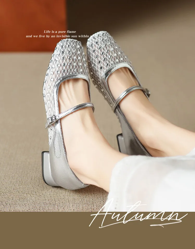 Summer single shoes, square toe, buckle, chunky heel, low heel, fashion women's shoes, 4-6F