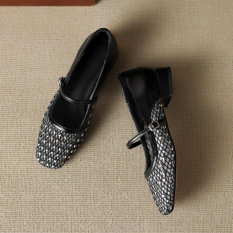 Summer single shoes, square toe, buckle, chunky heel, low heel, fashion women's shoes, 4-6F