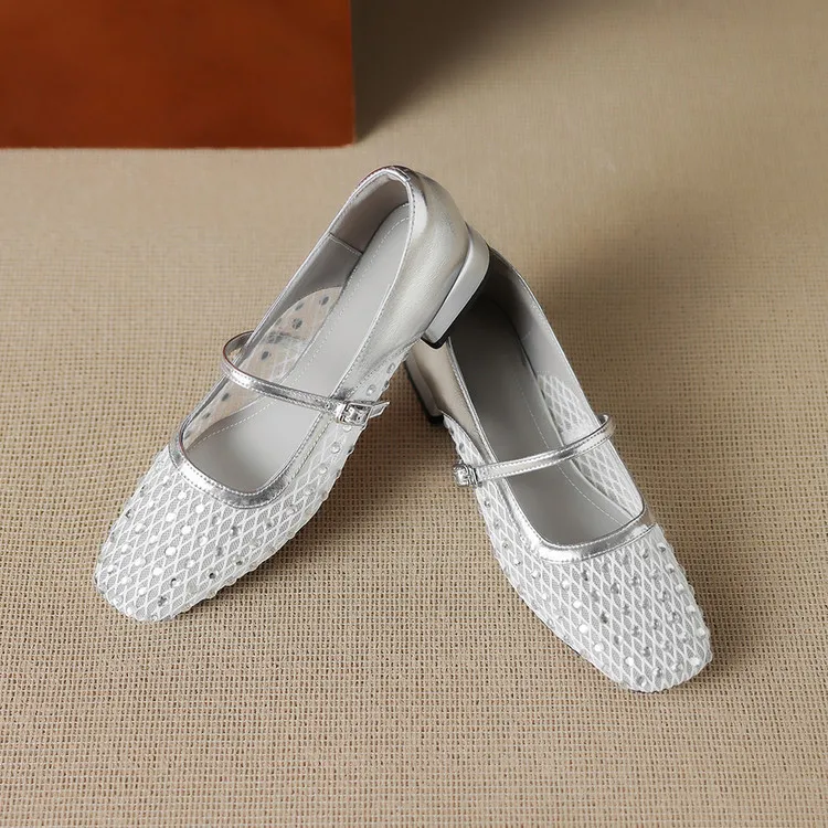 Summer single shoes, square toe, buckle, chunky heel, low heel, fashion women's shoes, 4-6F