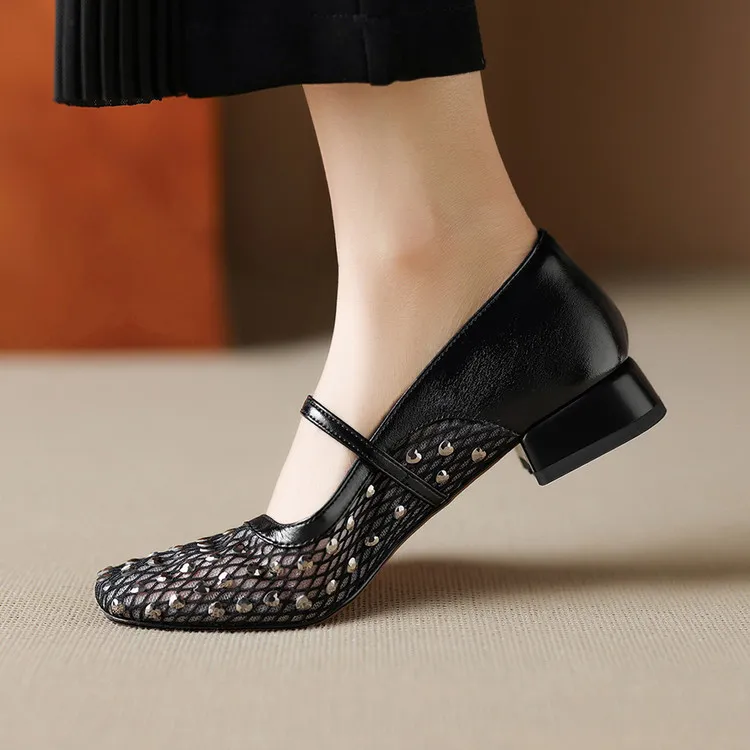 Summer single shoes, square toe, buckle, chunky heel, low heel, fashion women's shoes, 4-6F