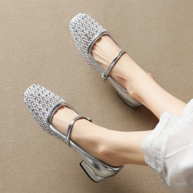 Summer single shoes, square toe, buckle, chunky heel, low heel, fashion women's shoes, 4-6F
