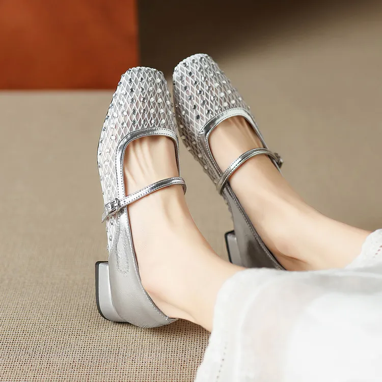 Summer single shoes, square toe, buckle, chunky heel, low heel, fashion women's shoes, 4-6F