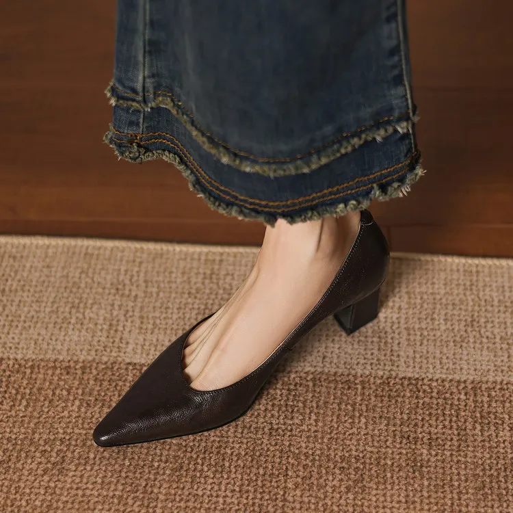 Spring pointed-toe chunky heel high-heeled fashion sheepskin women's shoes 4-6b