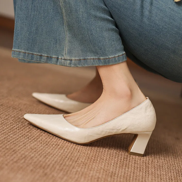 Spring pointed-toe chunky heel high-heeled fashion sheepskin women's shoes 4-6b