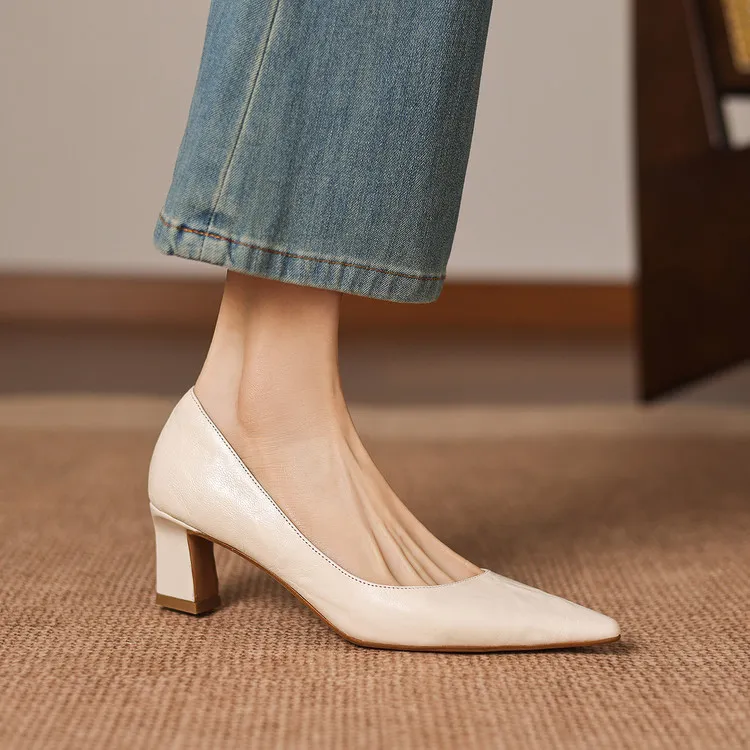 Spring pointed-toe chunky heel high-heeled fashion sheepskin women's shoes 4-6b