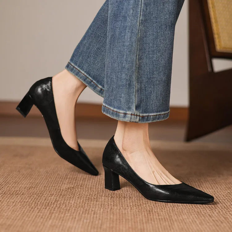 Spring pointed-toe chunky heel high-heeled fashion sheepskin women's shoes 4-6b