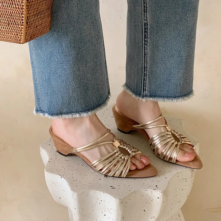 Summer pointed-toe high-heeled wedge sandals, fashion women's shoes, 4-6R, stylish sandals and slippers