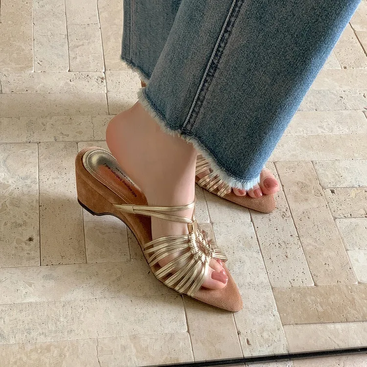 Summer pointed-toe high-heeled wedge sandals, fashion women's shoes, 4-6R, stylish sandals and slippers