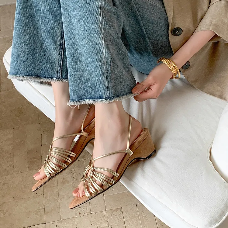 Summer pointed-toe high-heeled wedge sandals, fashion women's shoes, 4-6R, stylish sandals and slippers