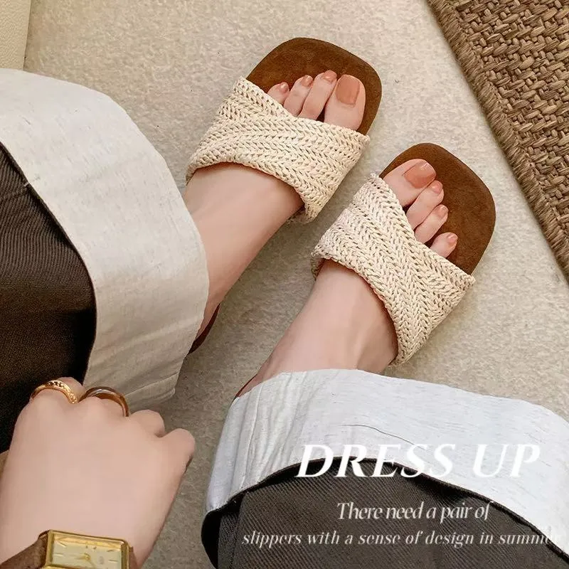Summer slippers, square toe, wedge heel, fashion women's shoes, beige, brown, black, blue, 4-6k