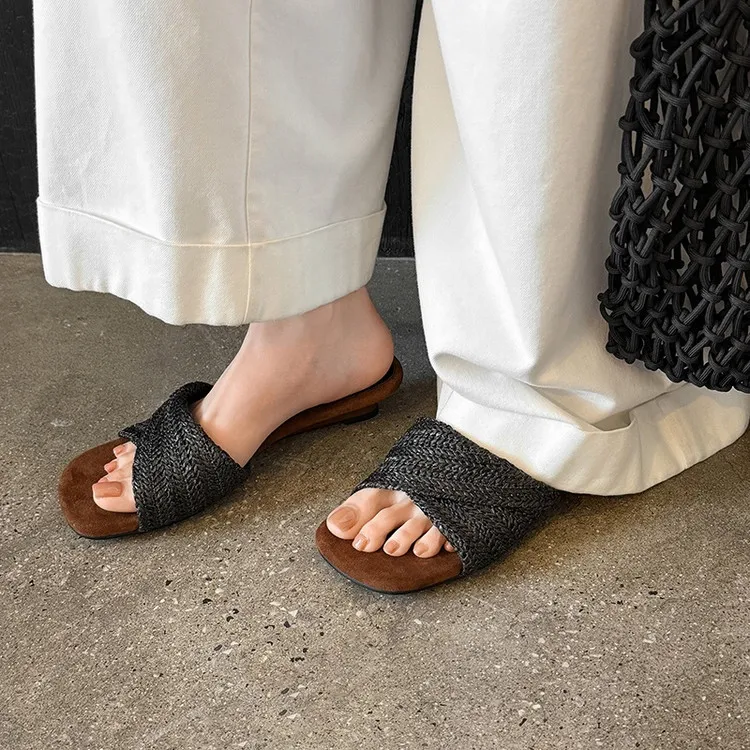 Summer slippers, square toe, wedge heel, fashion women's shoes, beige, brown, black, blue, 4-6k