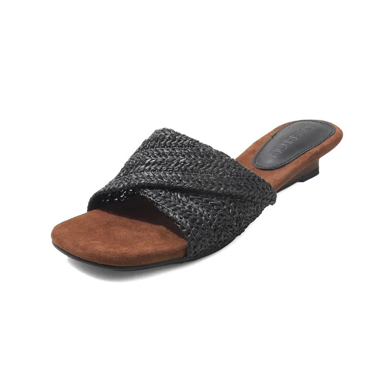 Summer slippers, square toe, wedge heel, fashion women's shoes, beige, brown, black, blue, 4-6k
